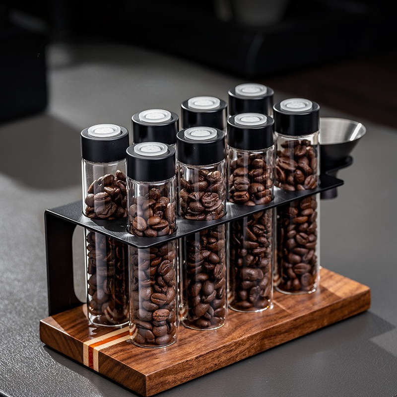 Coffee Tea Jars - JUSTINLAU Glas-Kaffeebohnen-Aufbewahrungsgläser Luftdicht mit 1-Wege-Ventil Holz-Präsentationsregal
