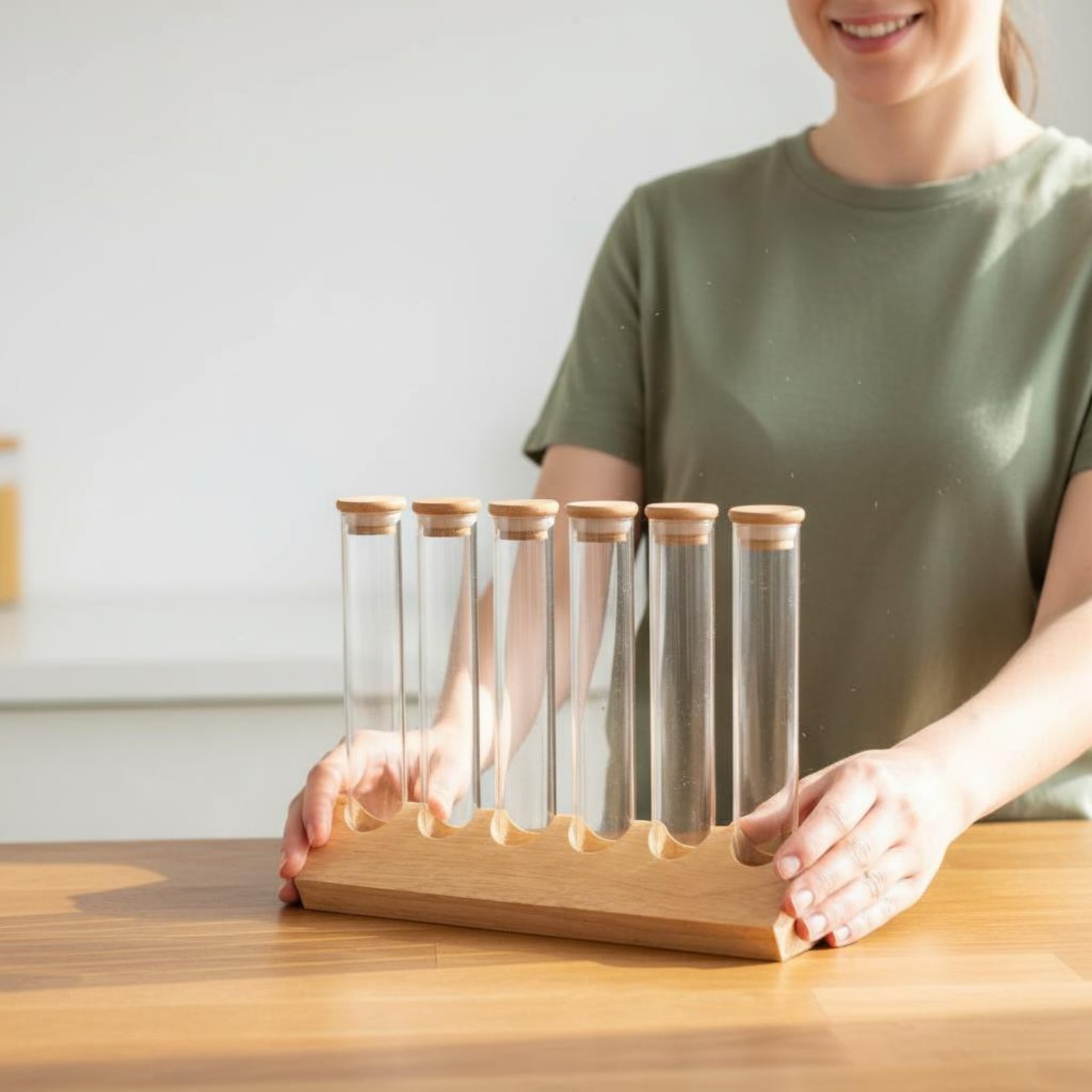 Coffee Bean - Glasröhrchen-Behälter-Set mit Holzständer Platzsparendes Glasröhrchen-Holzgestell-Set Kaffeebohnen-Präsentationsständer