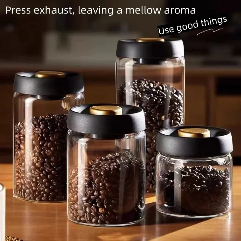 Coffee Tea Pictures - Manuelles, vakuumversiegeltes Kaffeedose aus Borosilikatglas, feuchtigkeitsbeständiger