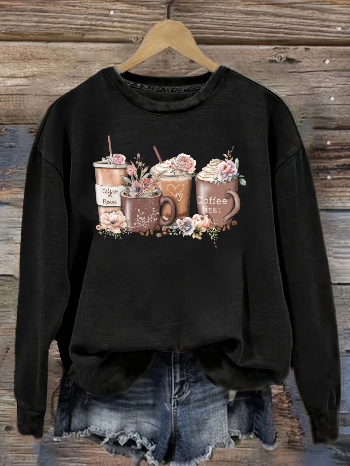 Coffee & Tea Garden Lincoln Menu - Damen-Freizeit-T-Shirt mit langen Ärmeln und Rundhalsausschnitt,
