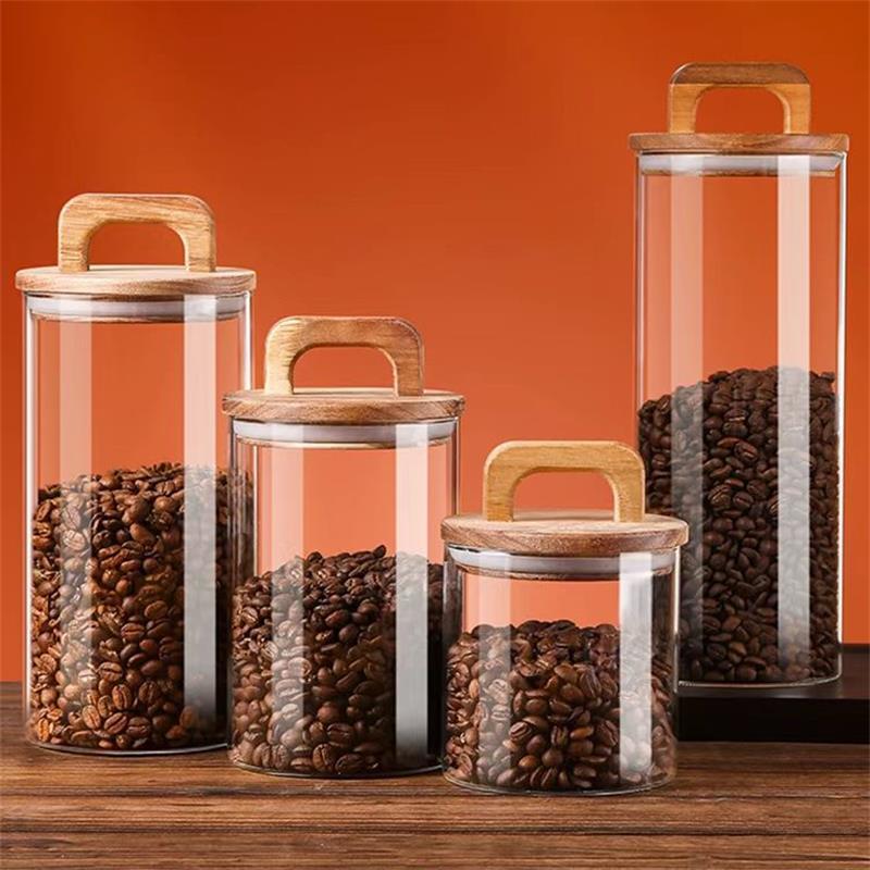 Coffee Tea Sugar Container Set - Klarglasbehälter mit Bambusdeckel, versiegelter Kanister, Lebensmittelaufbewahrungsbehälter