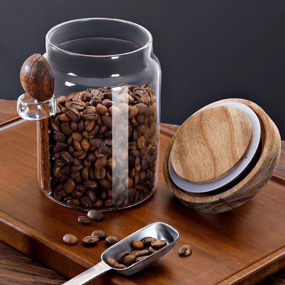 Coffee Tea Jars - Transparenter Glas-Lebensmittelbehälter mit luftdichtem Holzdeckel, Kaffeedose,