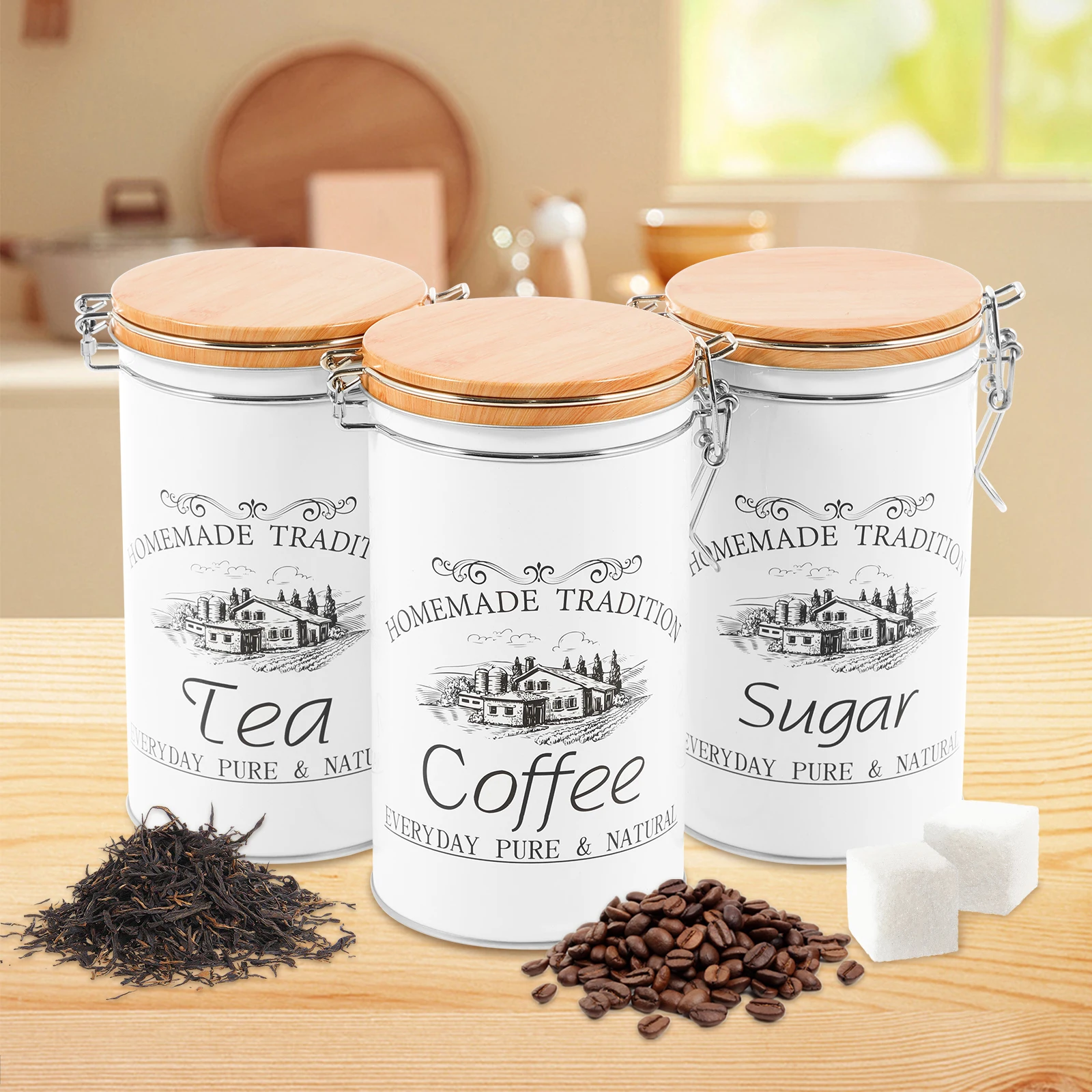 Coffee Tea Sugar Container Set - 3-teiliges Set Tee-Kaffee-Zucker-Dosen Metall-Kaffeebohnen-Aufbewahrungsgläser Vielseitige Tee-Kaffee-Zucker-Behälter