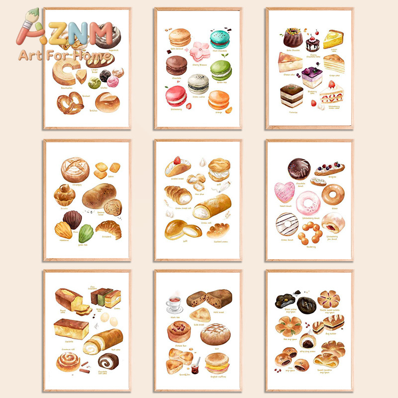 Coffee Tea Pictures - Frühstücks-Lebensmittel-Poster und -Drucke, Kuchen, Brot, Blätterteig,